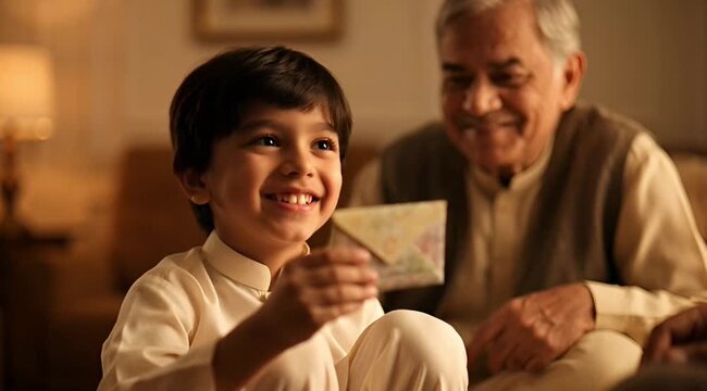 Muslim Kid Receiving Eidi Money on Eid ul Fitr 4K