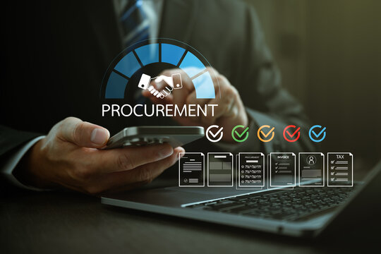 Business executive managing digital procurement process on smartphone with supplier approval dashboard, contract documents, invoice verification, and supply chain compliance system.