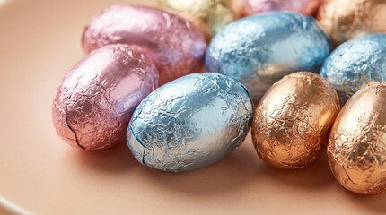 Obraz premium Colorful chocolate eggs wrapped in foil on a pastel plate for Easter 