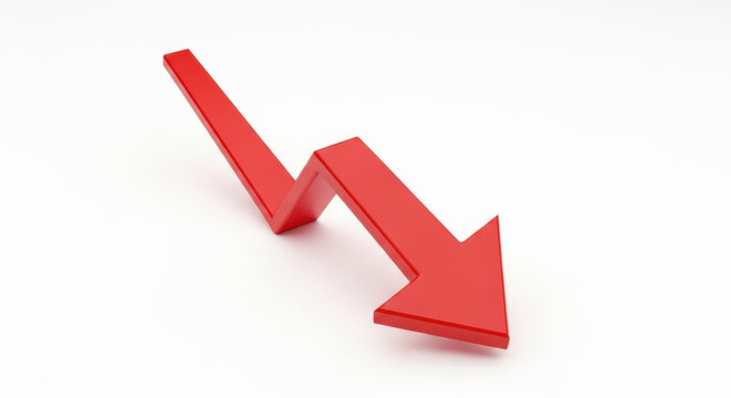 Red 3D downward arrow representing financial loss, recession, or market decline on transparent background
