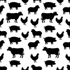 Fototapeta premium Seamless Farm Animal Silhouette Pattern - Cute Countryside Barnyard Vector
