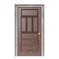 Realistic Brown Wooden Panel Door with Gold Doorknob and White Frame