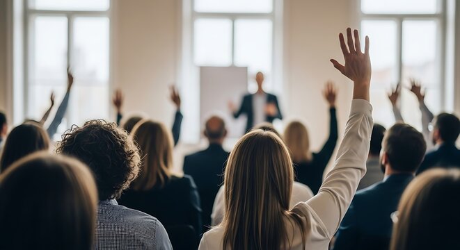 Audience raises hands in response to presenter at a business seminar