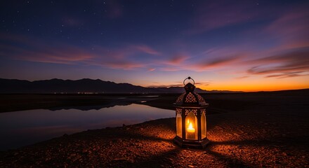 lit lantern on a shore at sunset with a mountain range in the background