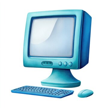 Watercolor cartoon clipart of blue computer screen with keyboard and mouse isolated on white background for design projects