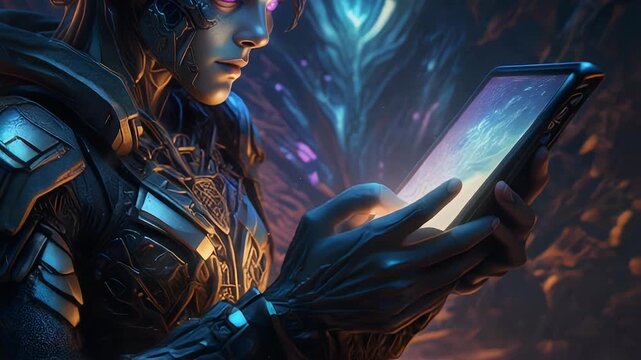 Cybernetic warrior with glowing purple eyes interacts with a futuristic tablet device.