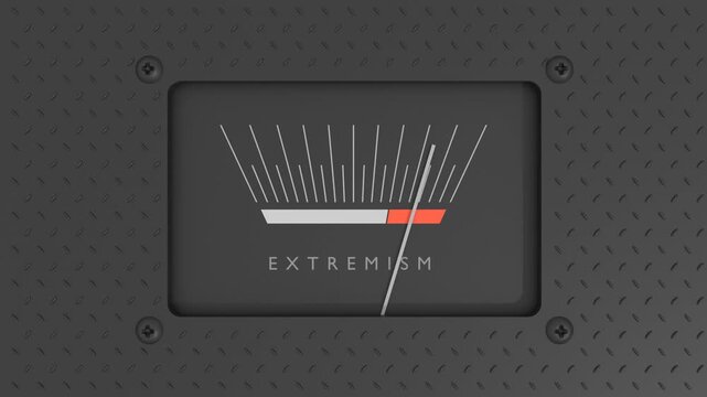 Animated extremism meter showing big levels of extremism. Dangerously increasing high values of extremism, critical overload. Too much, off the charts. Social and politics concept.