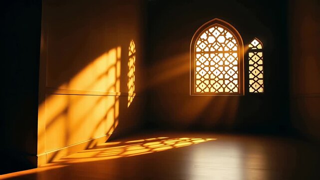 sunlight through arched lattice window in empty interior during golden hour