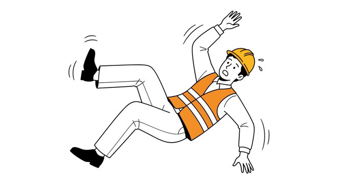 A construction worker wearing an orange vest and helmet is falling down