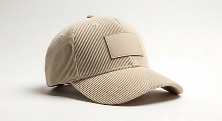 Beige corduroy baseball cap with blank patch, white background, studio shot