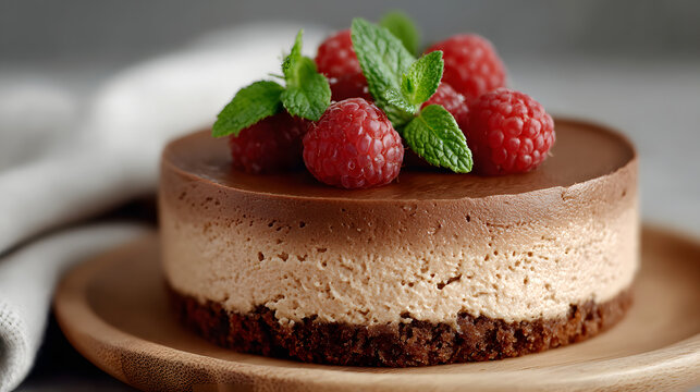 Gourmet layered chocolate mousse cake topped with fresh raspberries and mint