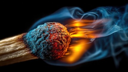 Authentic Close Up of Igniting Matchstick with Blue Smoke and Glowing Flame on Dark Background, geometric lines