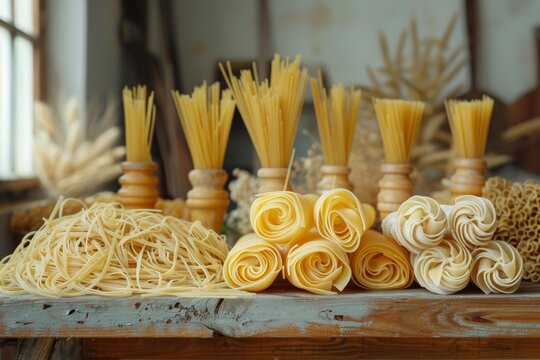 Different shapes and varieties of pasta arranged on a wooden surface, showcasing italian culinary tradition