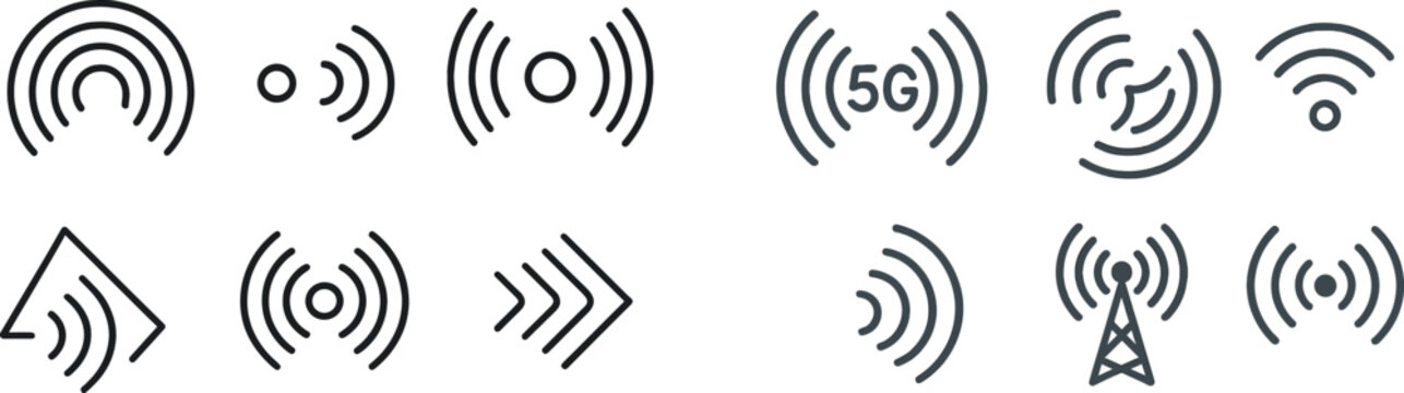 Various line art symbols represent sound waves and vibrations. The design features circular, triangular, and arrow shapes that convey energy and movement.