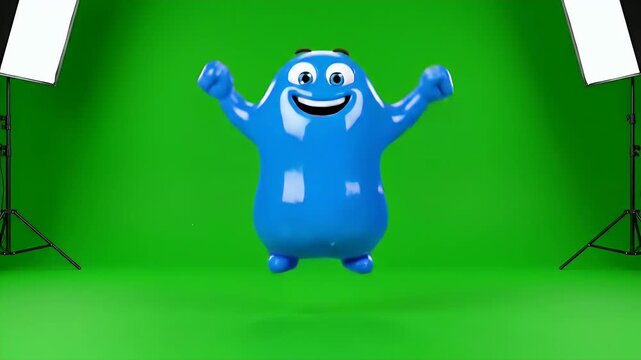 Blue character on green screen studio setup - A smiling blue character figure is centered in front of a green screen background. Two studio lights with diffusers flank the character, one on each side.