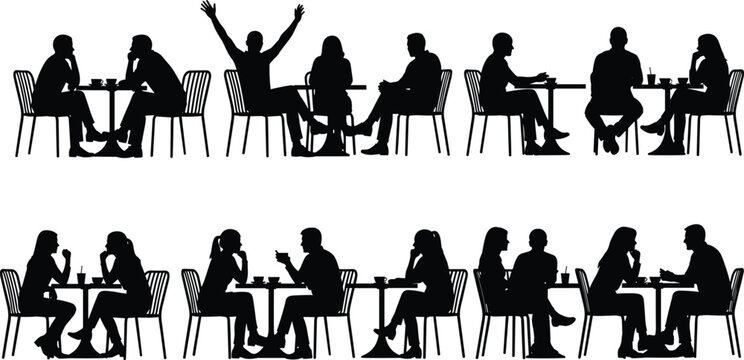 People sitting at cafe tables silhouette vector illustration, social interaction, conversation scenes, restaurant meeting couples isolated on white background