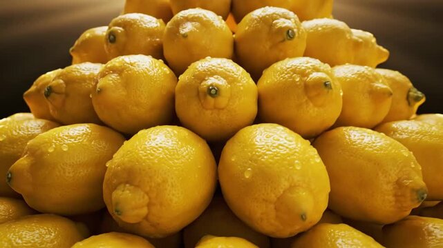 A refreshing pile of bright yellow lemons with water droplets, showcasing the vibrant essence of fresh citrus fruit.