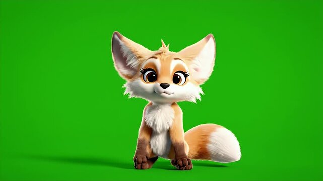 Animated Fennec Fox Waving on Green Screen - A cute, animated cartoon character of a fennec fox with big ears is waving its hand in a friendly gesture.