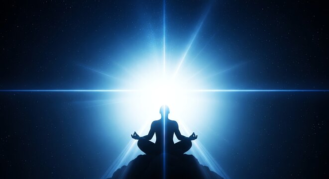 Silhouette of a person meditating in a lotus position, emanating a bright blue light from their chest, symbolizing spiritual energy and enlightenment against a dark background.