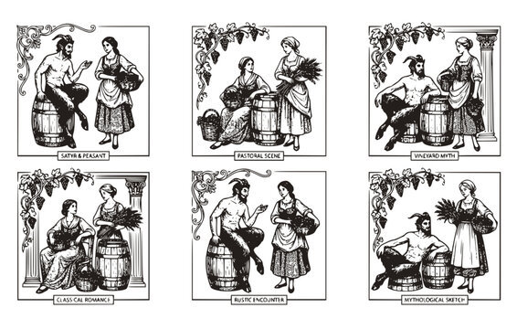 Black White Halftone Satyr Barrel Peasant Woman Grape Set 6 Sketch Mythology Pastoral Vineyard-Classical Rural Basket Vector Set