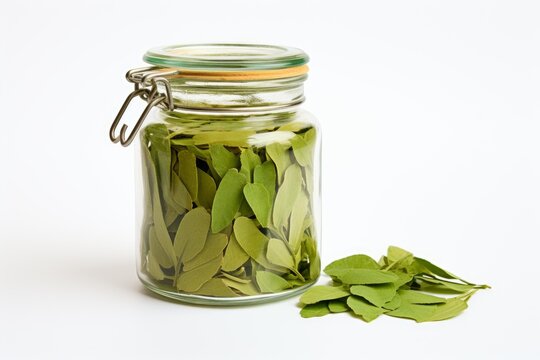 Dried coca leaves filling a glass jar and scattered on a white background, representing alternative medicine
