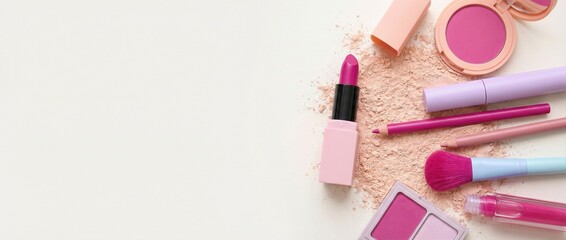 Light background with cosmetic elements in pink and fuchsia colors on a base of loose powder.