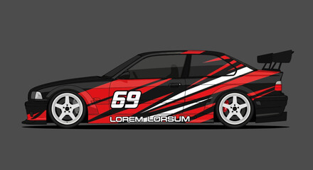 Vector illustration of a black sports car with red and white stripes.