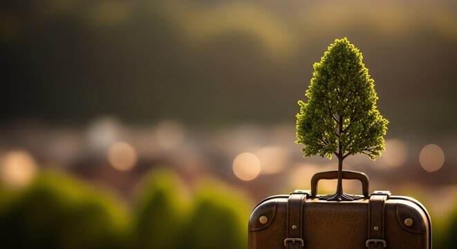 Small green tree growing out of a vintage brown leather suitcase, symbolizing sustainable travel and eco-friendly journeys with a blurred natural background.