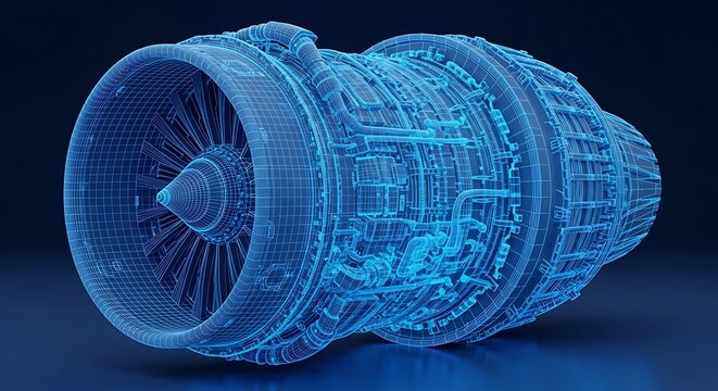 Blue wireframe rendering of a jet engine, showcasing internal mechanics and design