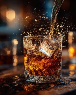 Pouring Whiskey into a Crystal Glass with Ice Cubes and Dynamic Splash on Wooden Bar