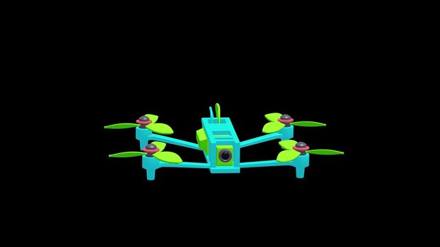 FPV Tactical Drone Flying Loop - 3D animation isolated on white background. Remote control air drone. Dron flying with action video camera.