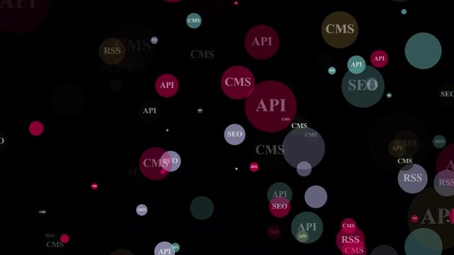 A colorful array of api seo cms and rss bubbles on a overlay transparent background