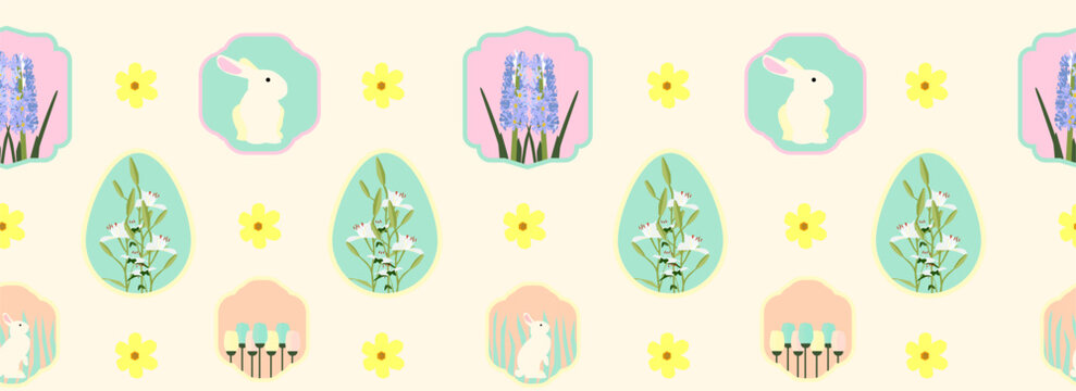 seamless pattern colorful easter eggs. seamless pattern with flowers and rabbits on light egg yellow. hyacinth, lily, tulip and daisy