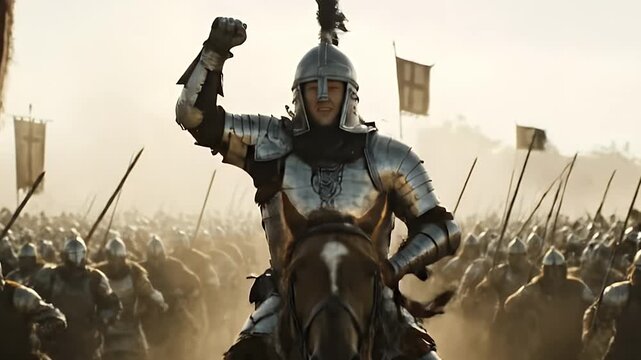 Heroic Medieval Knight in Plate Armor Leading Army Charge into Battle
