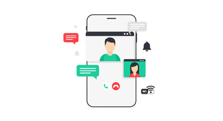 Mobile phone with chat interface and communication icons.