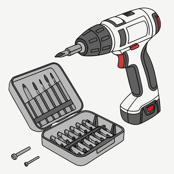 Detailed illustration of a cordless electric drill with its accessories, including a set of drill bits and screws, on a white background.