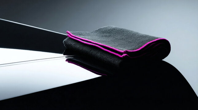 Microfiber towel resting on a glossy black surface, highlighting the shine, cleanliness, and detailing process of automotive paint during waxing or polishing