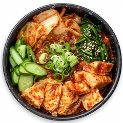 Bowl of delicious, spicy korean stew with kimchi, yuba, cucumber, spinach, sesame seeds and spring onions