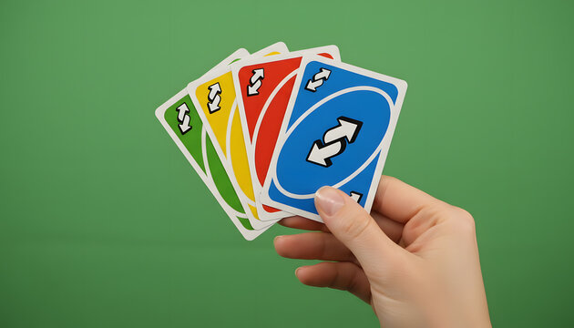 Hand Holding Colorful Uno Reverse Cards on Green Background