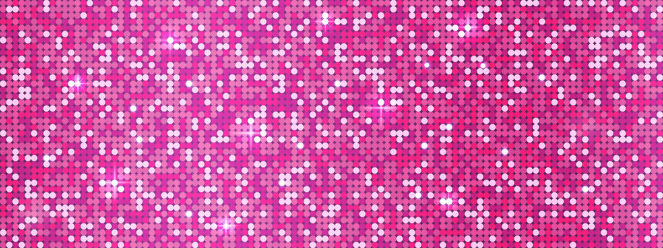 Pink disco background with glitter effect, rose pattern texture for club party and disco ball, Sparkle mosaic bg in pink and purple colors, vector illustration.