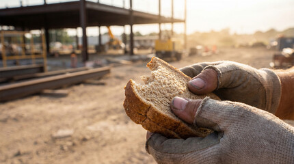 Construction Worker's Hands Holding Bread Slice During Break at Site