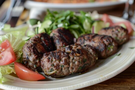 Juicy kofta kebabs are grilled to perfection and served with a refreshing salad of lettuce, tomato, cucumber, and herbs
