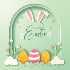 Festive Easter Greeting Card Design Featuring Bunny Ears, Decorative Eggs, Tulips, and Clouds