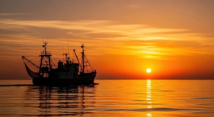 Silhouette of a fishing trawler sailing on calm sea during a vibrant orange sunset, reflecting on the water.