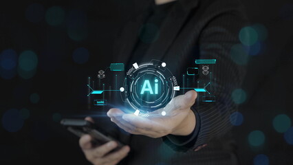 Businessman holding smartphone with glowing AI interface hologram, artificial intelligence technology concept, digital transformation, automation, 