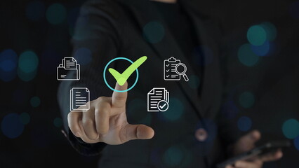 Business professional pressing digital approval checkmark with document icons, online verification and compliance audit concept, workflow management, 