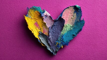 Heart Shaped Palette Swirls of Blue Yellow and Violet with Shimmering Pink Background Flat Lay