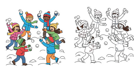Naklejka premium Vector illustration of diverse happy children playing a snowball fight in winter with color and black and white outline coloring page versions.