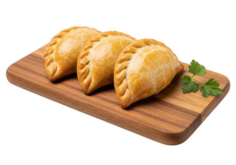 Naklejka premium A delicious plate of golden-brown baked empanadas on a wooden board isolated on transparent background