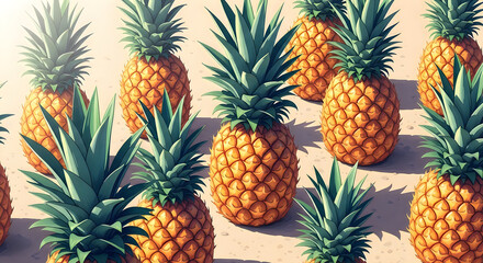 Fototapeta premium Pineapples arranged on sandy surface with green leaves on top tropical fruit display
